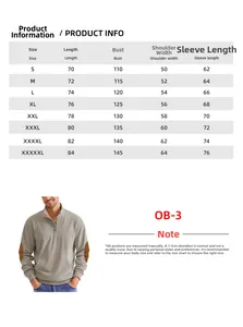 Tableau des tailles pour chemise Henley en velours côtelé homme du S au 5XL