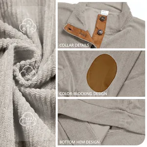 Détail du sweat en velours côtelé gris avec col contrasté et tissu 100% polyester