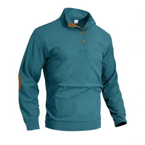 Sweat henley pour homme en velours côtelé bleu sarcelle avec patchs marrons aux coudes