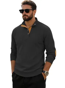 Detail view of charcoal Henley shirt featuring contrast collar and elbow patches