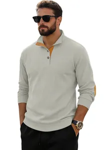 Detail of grey ribbed knit polo with mustard yellow contrast elbow patches and collar
