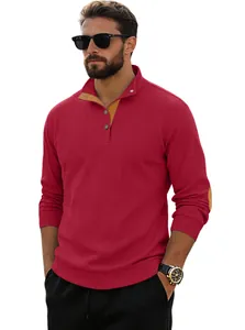 Detail of red corduroy Henley shirt with yellow inner collar and elbow patches