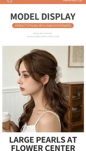 French style acetate flower hair claw with pearl detail worn by model in home setting
