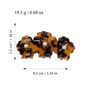 Three-flower acetate hair claw clip with tortoise pattern and pearls 8.5cm long