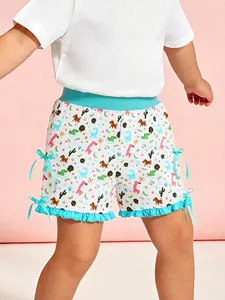 Summer Girls Cotton Shorts Cartoon Animal Print Ruffle Hem Bow Decor Casual Sporty Kids Middle Length Beach Pants