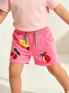 Short Décontracté en Coton Brodés de Fruits pour Filles Été Taille Élastique Cordon de Serrage Sportif Rose Shorts