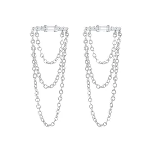 S925 silver needle rhinestone fringe chain earrings with three-layer wave design