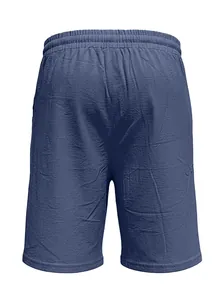 Vista posteriore dei pantaloncini di lino blu navy con vita elastica e cuciture di pregio