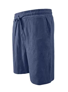 Dettaglio dei pantaloncini in lino blu navy con vita elastica a coulisse e tasche laterali
