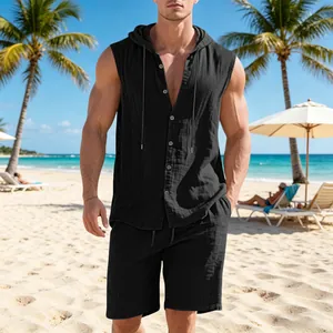 Completo estivo da uomo in lino nero con camicia con cappuccio senza maniche e shorts