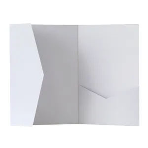Detail view of open white kraft paper invitation folder with dual V-cut inner pockets