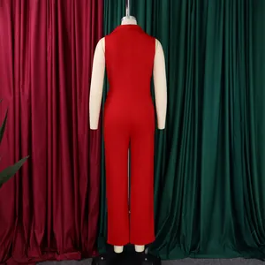Rear view detail of a red sleeveless jumpsuit with a notched lapel and wide-leg cut