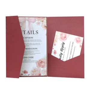 Detail of burgundy laser cut wedding invitation pocket with floral RSVP card set