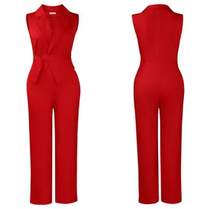 Detail of red sleeveless jumpsuit showing lapel collar and waist tie belt