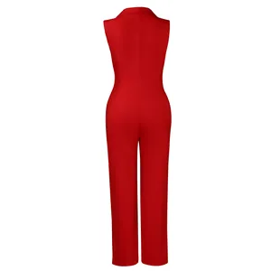 Detail view of the red sleeveless jumpsuit back with high waist and straight leg cut