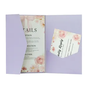Detail view of lavender wedding invitation suite with floral cards and pocket fold