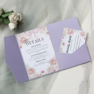 Detail of lavender trifold wedding invitation with floral insert and RSVP card