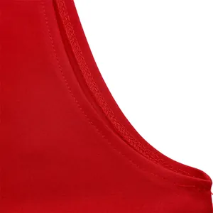 Detailed close-up of the smooth double-needle stitching on a red sleeveless jumpsuit