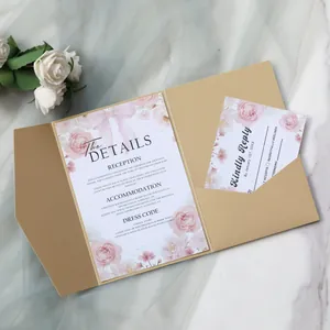 Close-up of floral wedding invitation cards inside a kraft paper pocket folder set
