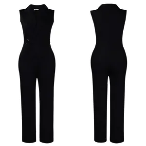 Front and back view of a black sleeveless jumpsuit with lapel collar and waist buckle