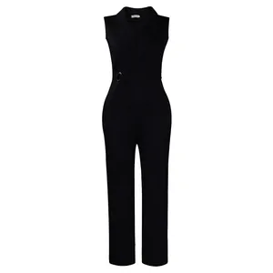 Detail of elegant black sleeveless jumpsuit with notch lapel and waist belt design