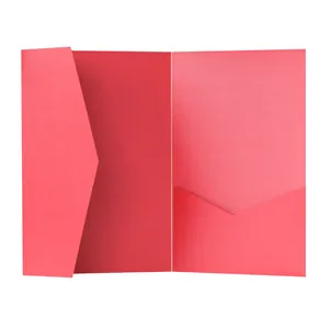 Detail view of a red kraft paper invitation folder with flap and insert pocket