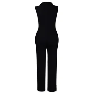Back view of a sleek sleeveless black jumpsuit featuring a tailored high-collar design