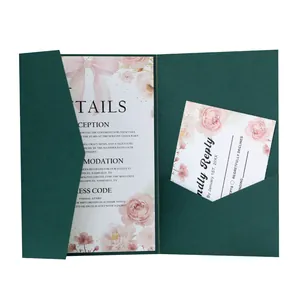 Detail view of dark green pocket wedding invitation with pink floral and RSVP card