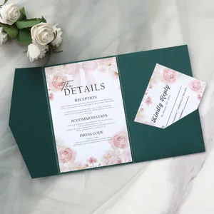 Detailed tri-fold wedding invitation with dark green cover and floral inner cards