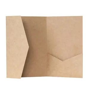 Detailed close-up of brown kraft paper invitation folder with V-cut pocket and triangle flap