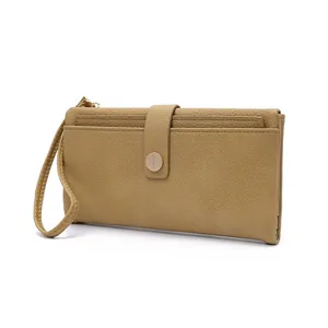 Detail view of khaki long wallet showing lychee texture, card slots and strap