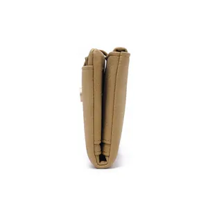Side view detail of a khaki litchi grain leather long wallet with precision stitching