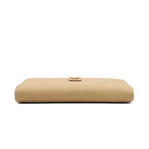 Close-up of beige lychee grain leather wallet with meticulous stitching and snap button
