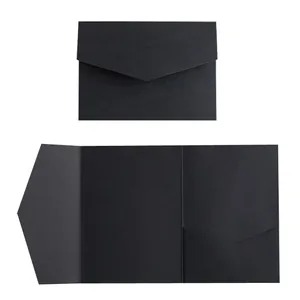 Detail view of black matte tri-fold card holder with diagonal pocket for invitations
