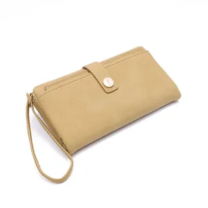 Beige long wallet for women with lychee pattern, gold snap buckle and wrist strap