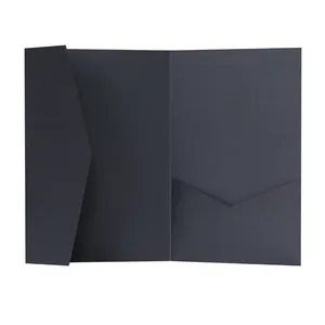 Detail of minimalist black matte paper invitation folder with dual pocket structure