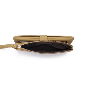 Detail of khaki long wallet showing card slots and golden zipper compartment