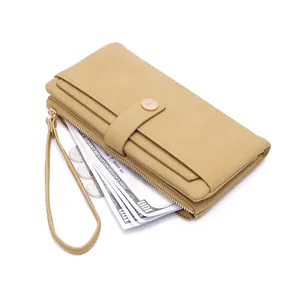 Mustard yellow long PU leather wallet for women with lychee texture and wrist strap