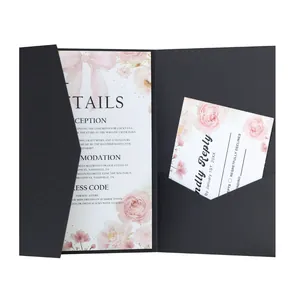 Detail of elegant black trifold wedding invitation pocket with floral printed card inserts