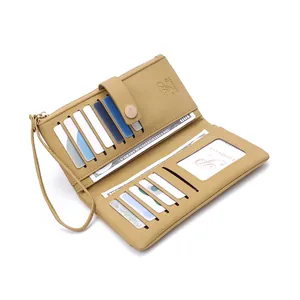 Khaki long PU leather wallet with litchi texture and multiple card slots