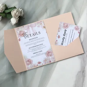 Detailed wedding stationery set with blush pink floral pocket and reception cards