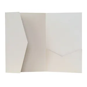 Macro detail of ivory pearlescent cardstock folder with triangular pocket insert