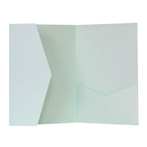 Detail view of light blue cutout wedding invitation folder with inner pocket and blank insert