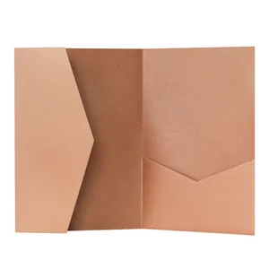 Detailed close-up of rose gold pearlescent paper invitation folder with pocket