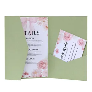 Close-up of sage green laser-cut wedding invitation set with floral detail cards