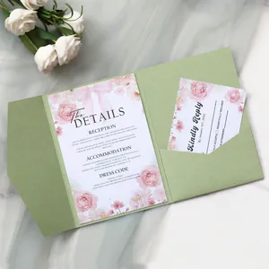 Elegant sage green wedding invitation set with floral details and insert cards