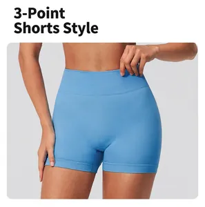 Detail of high-waisted sky blue seamless yoga shorts with 3-inch ribbed knit fabric