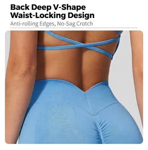 Detail of high-waist yoga leggings with back V-shape design and ribbed texture