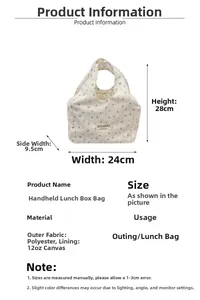 Detailed size chart for floral lunch bag made of polyester and canvas fabric