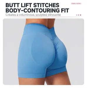 Close-up of bright blue seamless yoga shorts featuring deep V-waist and rib texture